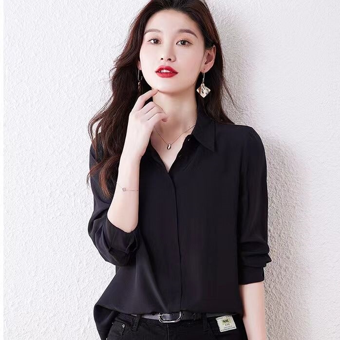 2026 Spring Non-Iron Wrinkle-Resistant Long-Sleeve Black Shirt for Women, Formal College Student Workwear, Thin Base Shirt