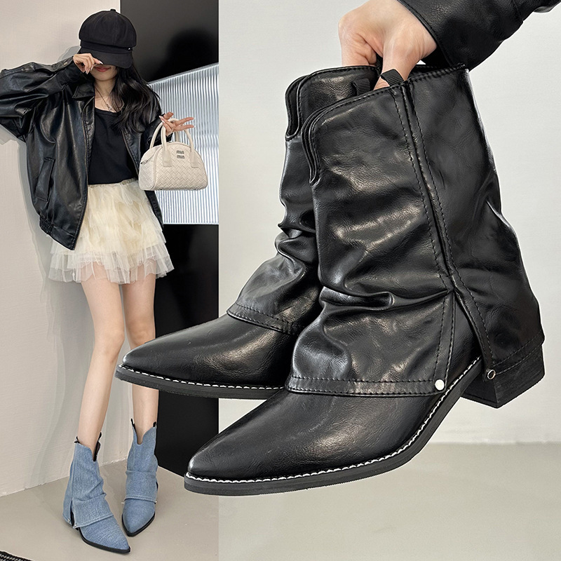 Trendy Blue Chunky Heel Pointed Toe Women's Ankle Boots 2025 Summer Retro British Western Cowboy Boots