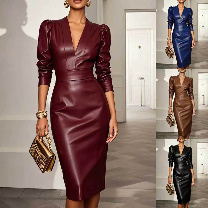 Amazon independent site European and American new style PU leather dress for women, V-neck, long sleeve, waist-cinching, slimming, elegant bodycon dress