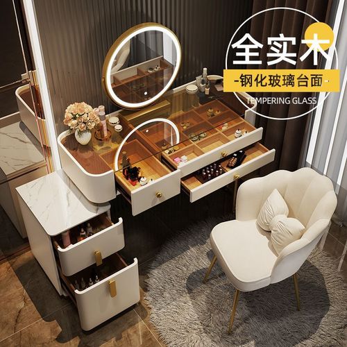 All Solid Wood Vanity with Luxury and High-End Storage Cabinet, Integrated Bedroom Modern Minimalist Marble and Glass Vanity Desk