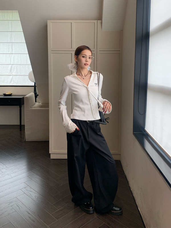 白色波点拼接polo领内搭打底衫女装秋季修身短款长袖T恤上衣跨境|undefined