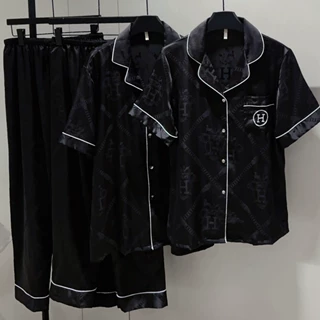 批发情侣睡衣男夏季短袖冰丝薄款大牌刺绣马车仿丝绸家居服套装女