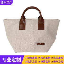 跨境风潮棉麻黄麻女包超纤皮革肩带斜挎包厚实亚麻棉手提拎包定制