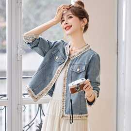 超好看小香风短款上衣女2025春新款今年流行蕾丝拼接洋气牛仔外套
