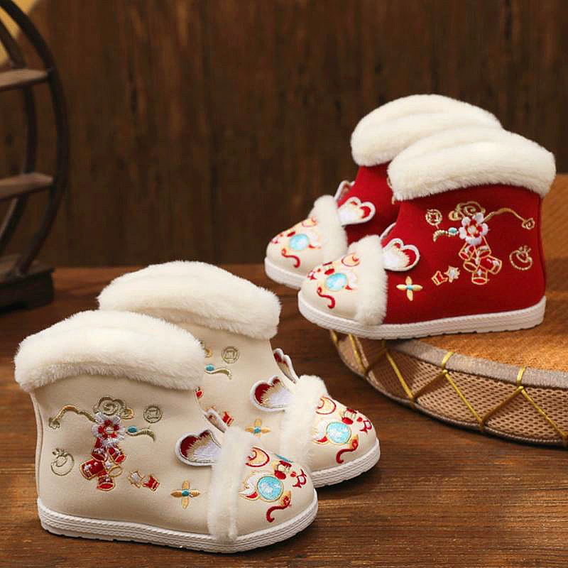 Ботинки Hanfu для девочек 2023, новое зимнее поступление, утолщенная Новогодняя обувь на флисовой подкладке, детская обувь с старинной вышивкой, теплая хлопковая обувь