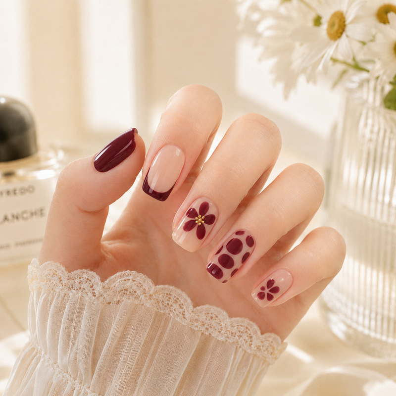 Vintage burgundy polka dot printed press-on nails with a nude base, French short square shape, flattering nail pieces for a date atmosphere
