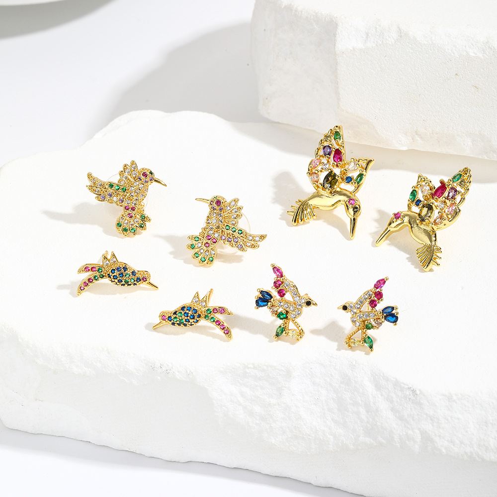 1 Pair Artistic Bird Inlay Copper Zircon Ear Studs display picture 4