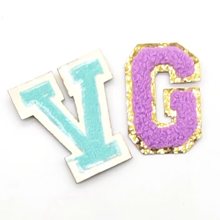 Manufacturer Embroidered Gold Leather Chenille Abc26 Letter Suitcase Bag Mobile Phone Case Shoes Hat down Jacket Discount