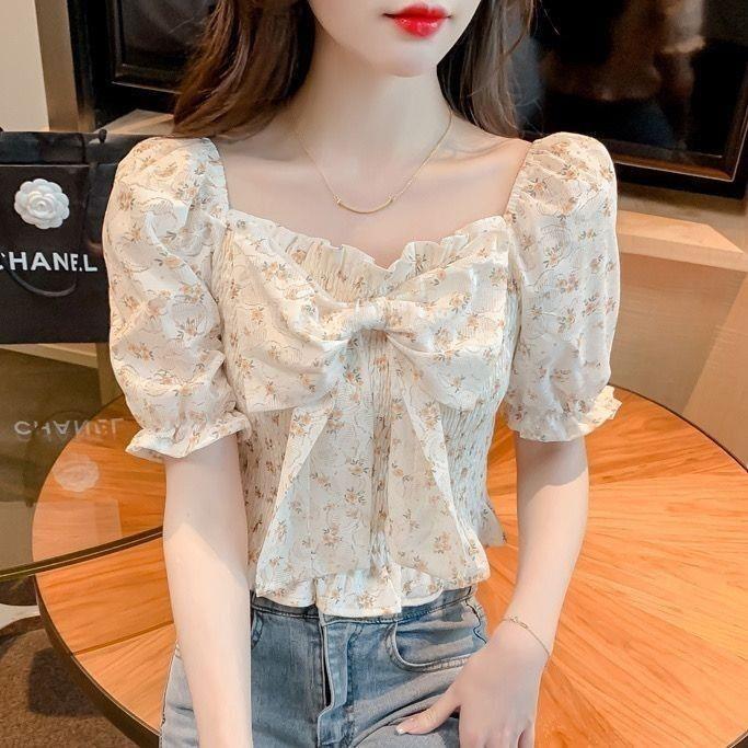 Super Fairy-Like Sweet Bowknot Floral Shirt for Women, Summer Short Chiffon Puff Sleeve Top for Petite Figures, Waist-Cinching and Slimming