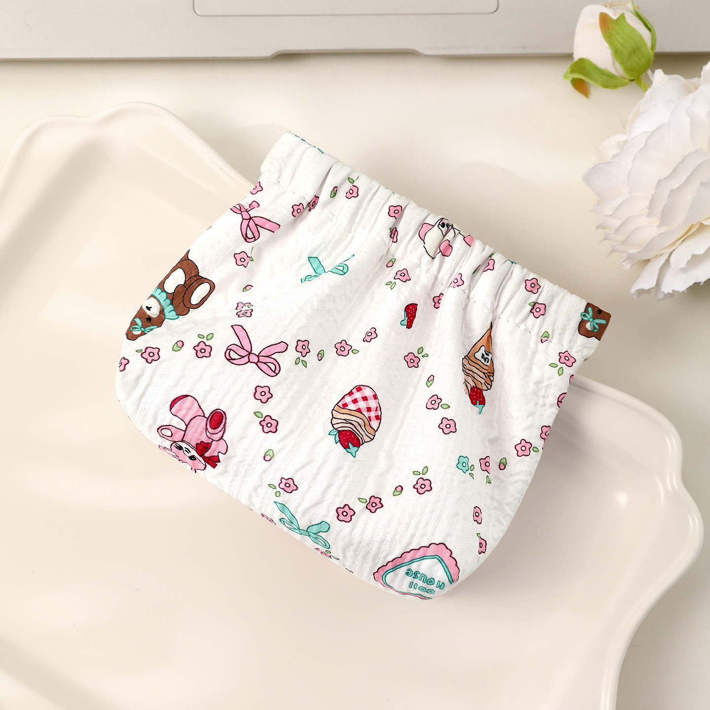 Portátil nuevo lindo cartón de dibujos animados algodón bolsa de cierre automático pliegue bolsa de almacenamiento miscelánea lápiz labial bolsa de maquillaje flores