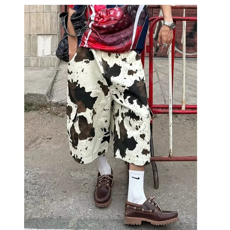 Loose-Fitting Cow Print Cargo Shorts with Multiple Pockets, Trendy Men's Summer Color-Block Tie-Dye Denim Shorts, Camouflage Loose-Fitting Cow Print Cargo Shorts with Multiple Pockets, Trendy Men's Summer Color-Block Tie-Dye Denim Shorts, Camouflage