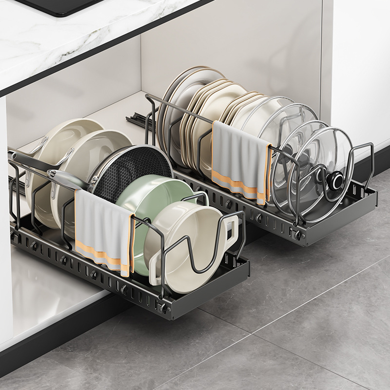 跨境锅架厨房橱柜内抽拉式置物架放碗碟盘锅具滑轨拉篮抽屉收纳架