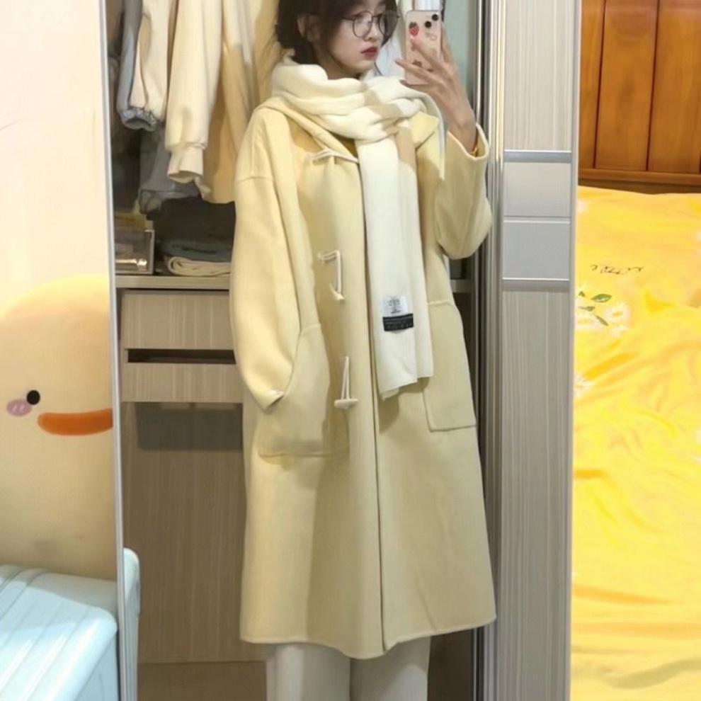 高级感黄色呢子大衣女中长款2024秋冬装连帽小个子牛角扣毛呢外套-阿里巴巴