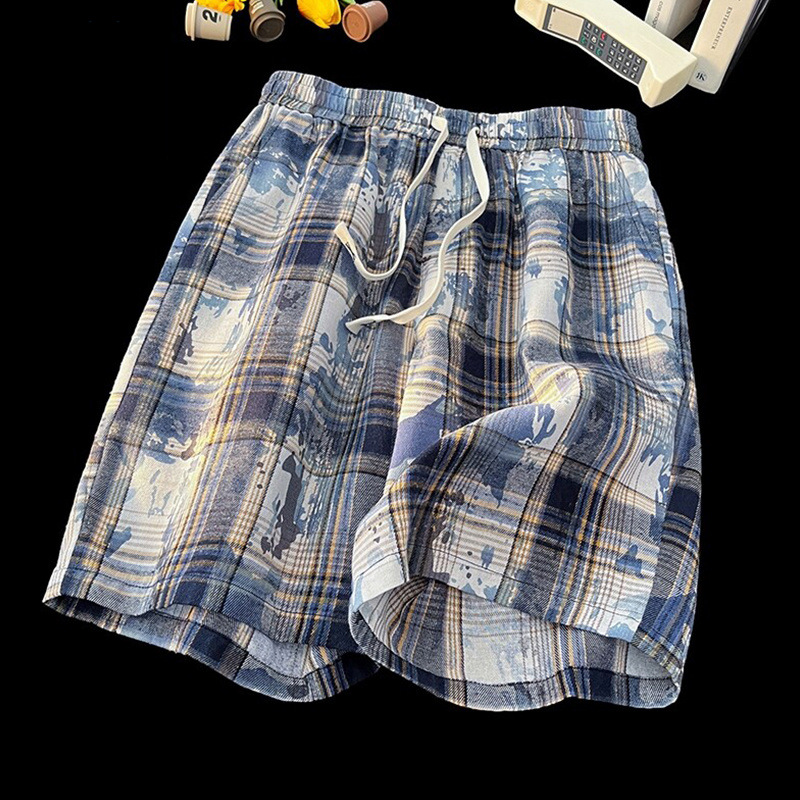 Men's And Women's Tie Dye Plaid High Waist Street Style Shorts Casual Retro Straight Five Point Beach Outerwear_viptrois.com