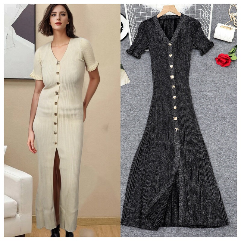 Cross-Border European and American Summer New Style Short-Sleeve Shiny V-Neck Elegant Knit Dress French-Style Socialite Slit Long Dress for Women Cross-Border European and American Summer New Style Short-Sleeve Shiny V-Neck Elegant Knit Dress French-Style Socialite Slit Long Dress for Women