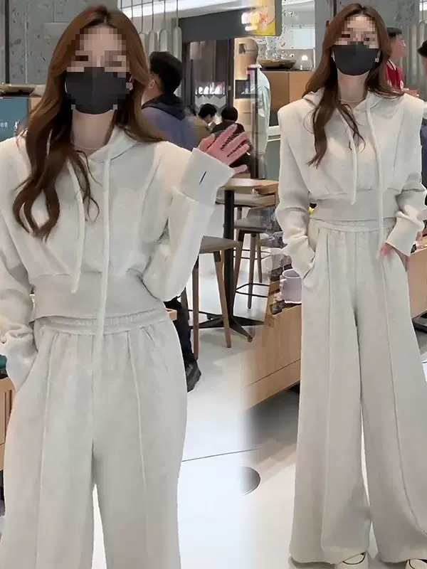 秋季高级感运动服套装女气质宽松假两件连帽卫衣时尚阔腿裤两件套