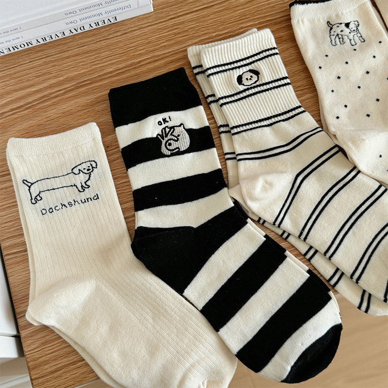 Cartoon Puppy Socks for Women Cute Mid-Calf Socks Summer Pure Cotton Ins Trendy Popular Korean Stripesd Stockings for Women Summer