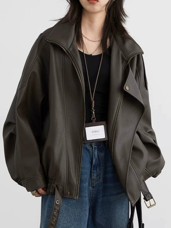 Retro polyurethane jacket, autumn, oversized fit, elastic hem, brown & black