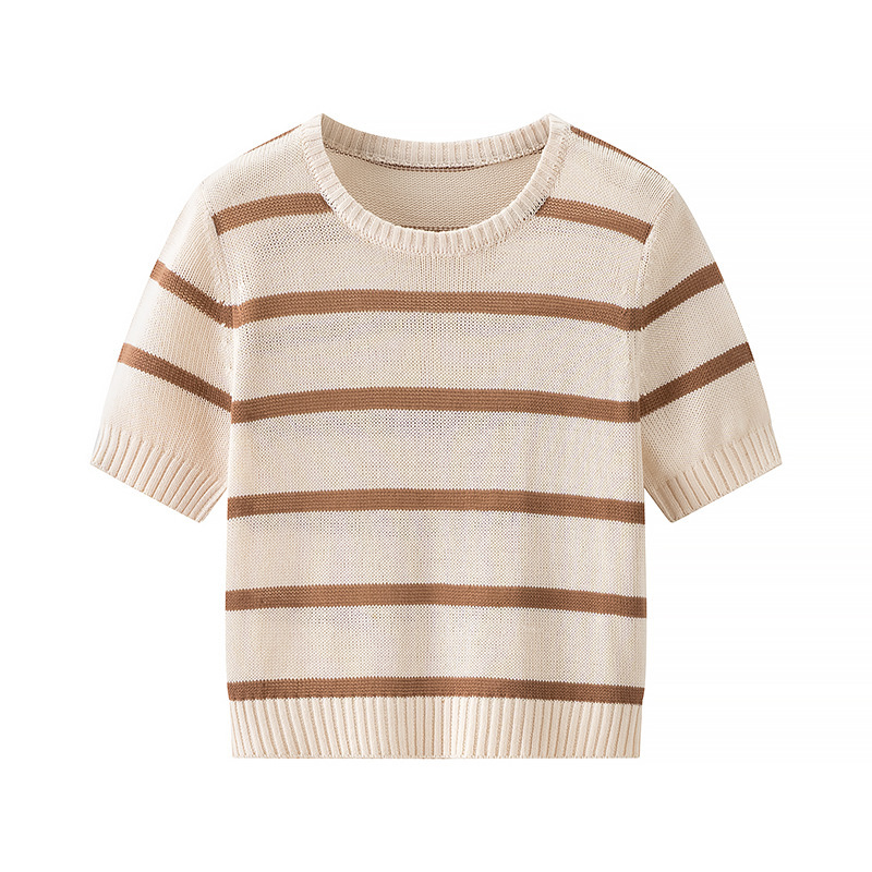 00Hm-2806 Contrast Color Stripesd Knitted Short-Sleeved 2025 Summer New Casual Girly Style Round Neck Pullover Top