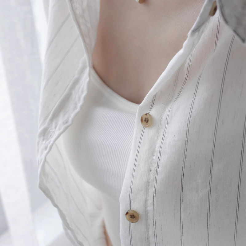 2025 ゆったり薄手日焼け止め服ストライプ綿麻長袖シャツミドル丈レトロアウタートップ|undefined