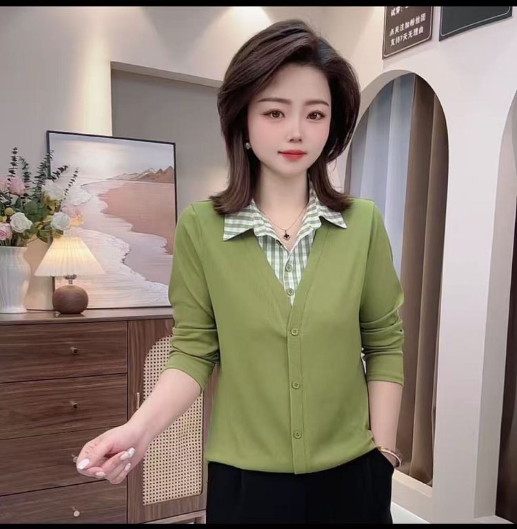 一件代发2025秋季新款时尚气质百搭减龄假两件拼接衬衫领长袖上衣|undefined