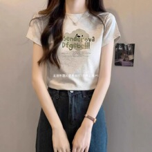 设计感小众正肩纯棉短袖t恤女夏季新款印花修身圆领灰色上衣服潮