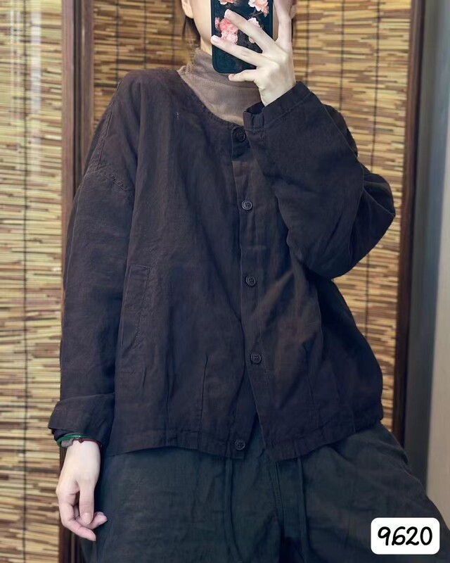 CO2025秋韩版宽松文艺复古简约亚麻加里衬休闲外套百搭上衣女9620|undefined