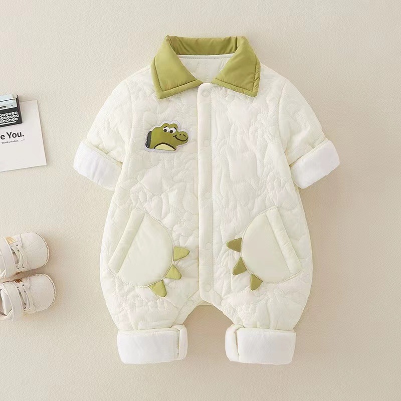 Ropa de bebé otoño e invierno nuevo estilo dinosaurio de dibujos animados bebé hombre mono acolchado más terciopelo cálido estilo occidental