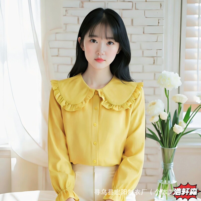 Doll Collar Shirt for Women, Loose Fit, Korean Style, Long Sleeve, Burgundy, Trendy, Fairy-Like, Cute, Sweet Spring Top, Stylish
