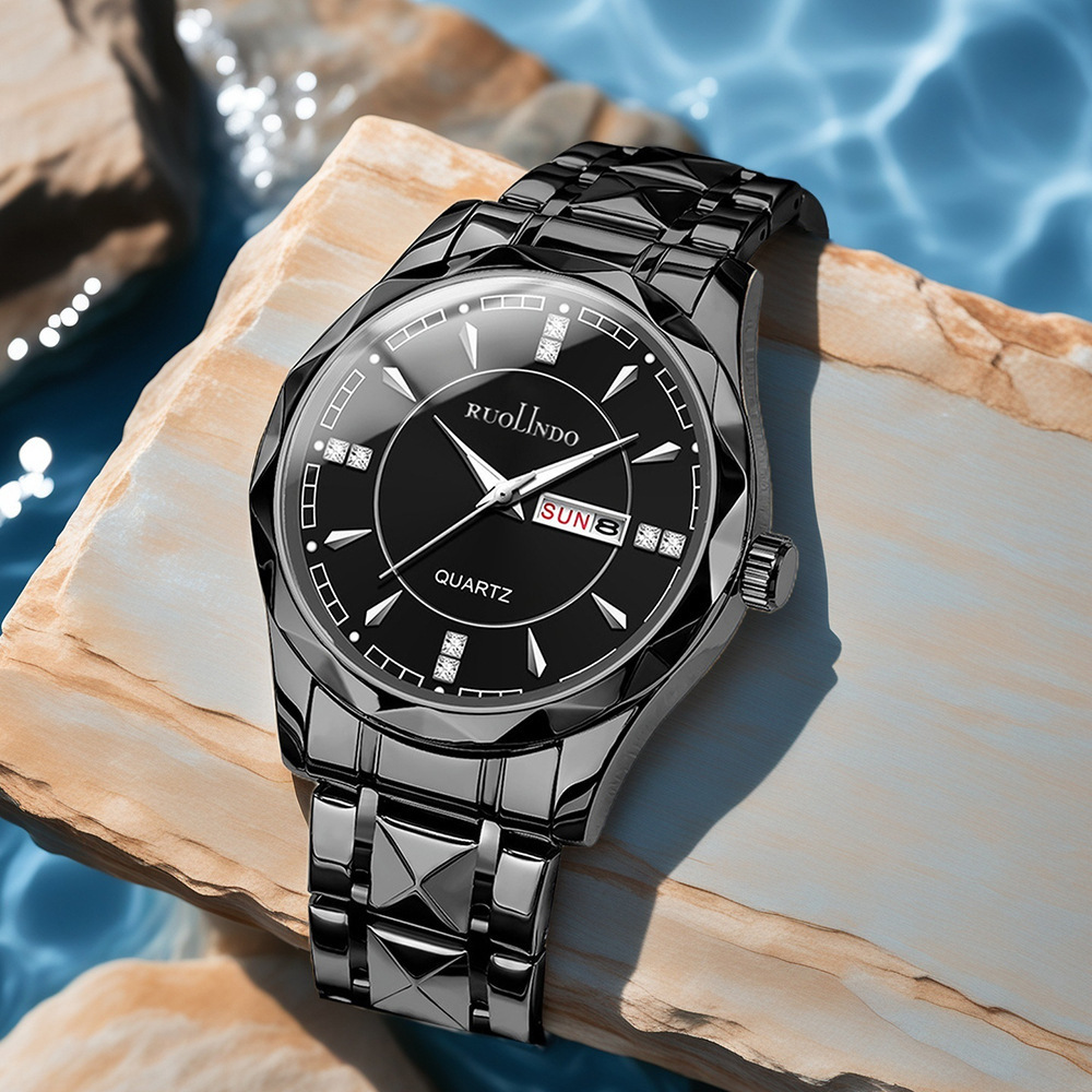 New Waterproof Men's Watch Wholesale High-End Luminous Water Drop Diamond Double Calendar Fashion Gold Quartz Watch