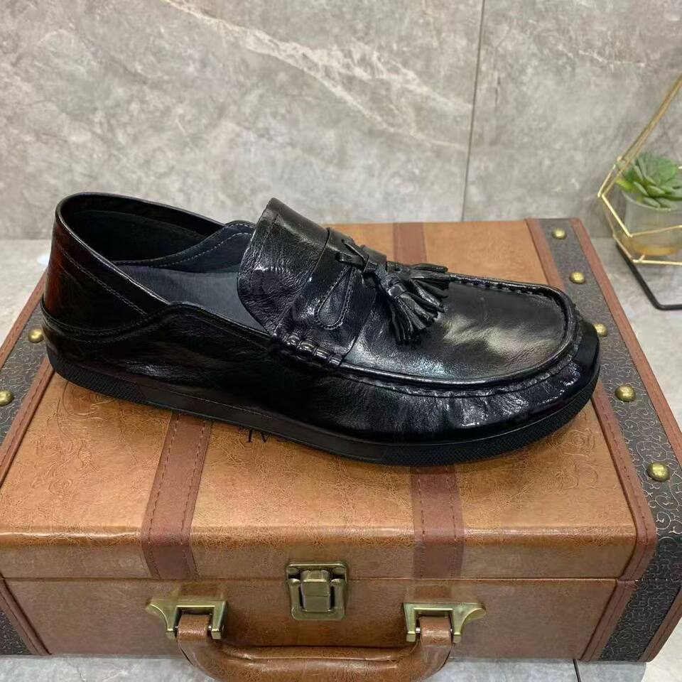 Giày lười nam da vân sần đế bằng cổ thấp phong cách công sở — màu đen