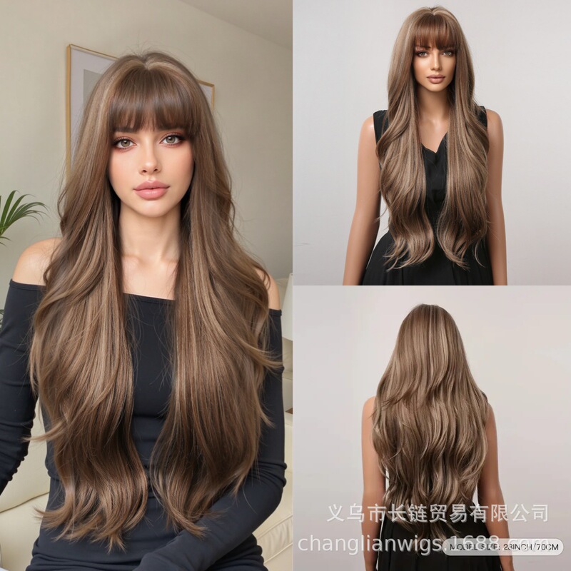 Wig Women's Gradient Brown High Cranial Top Qi Bangs Long Hair Full Head Cover Simulation Long Hair Modeling Factory Hot in stock