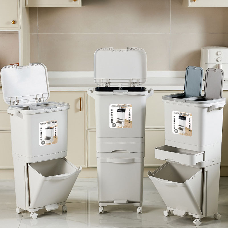 Household Kitchen Trash Can Three-Layer Press with Lid Dry and Wet Classification Japanese Kitchen Waste Trash Can with High Appearance and Large Capacity