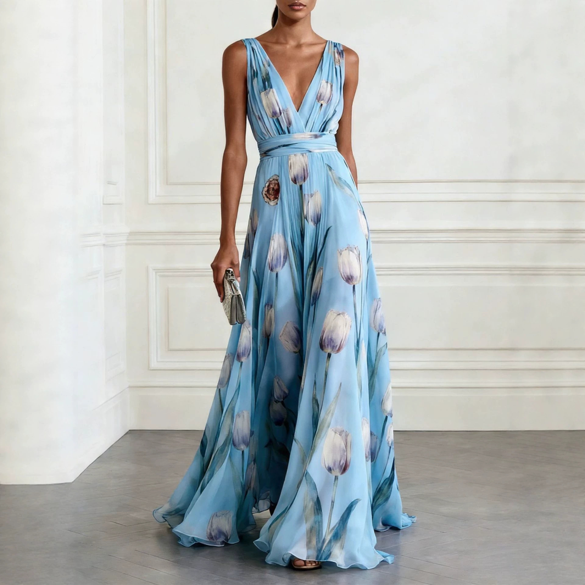 2026 European and American Cross-Border Independent Website New Tulip Print Evening Dress Women's Sleeveless V-Neck Long Dress