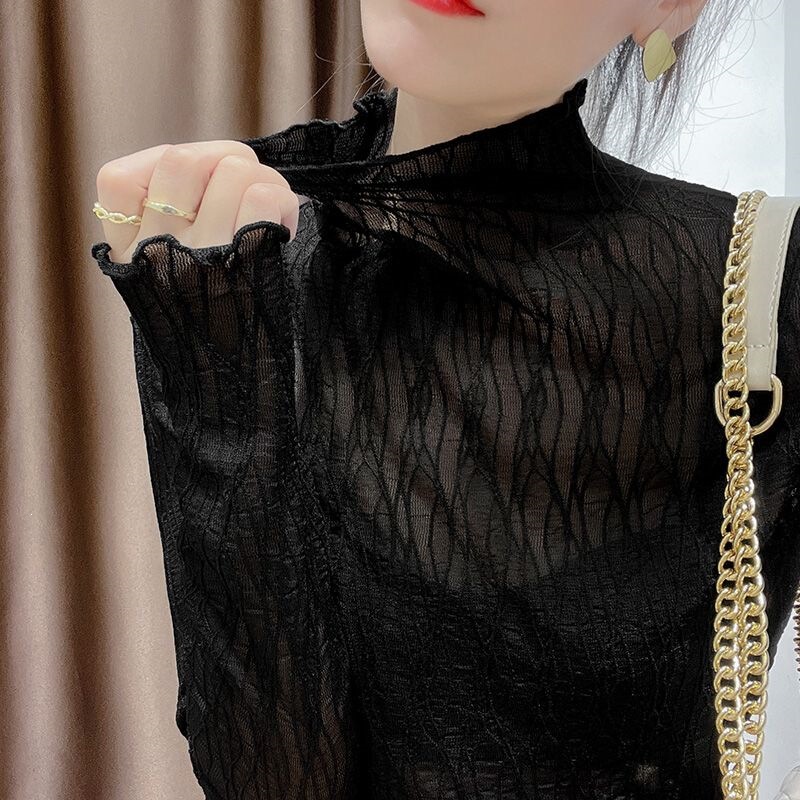 Women's ruffled mesh base layer, perfect for pairing with sweaters in autumn and winter; black mesh inner layer, half-high collar, long-sleeved lace top
