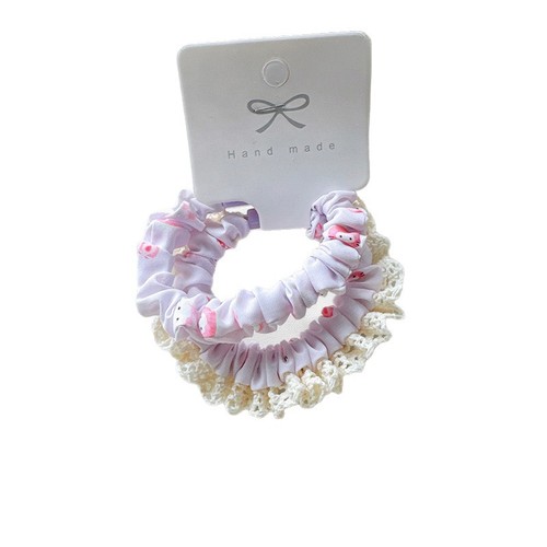 2-Pack Lace Edge Cartoon Cat Print Small Intestine Hair Tie Cute Sweet Ponytail Rubber Band Hairband for Girls