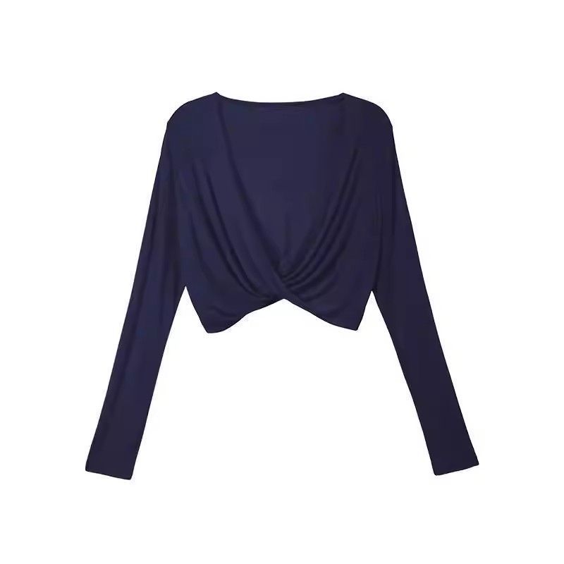 Navy blue long-sleeved cardigan for women, summer style, relaxed neckline, sun protection, slimming, versatile, short vest top.