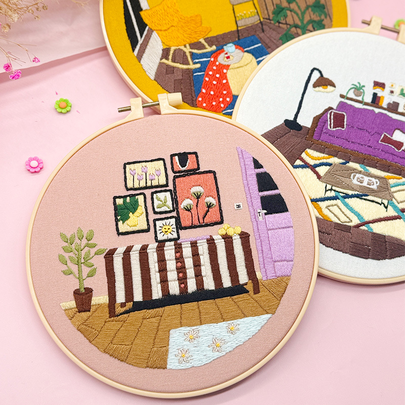 Paquete de material de bordado a mano para principiantes Diy Lu bordado estudiante simple y creativo sala de estar pintura colgante balcón paisaje pintura pequeña