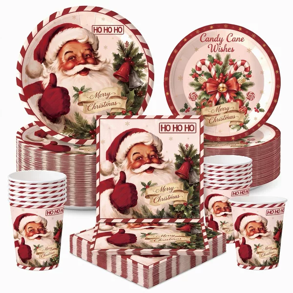Vintage Santa Claus Christmas Party Set HOHOHO Candy Cane Disposable Paper Plates Paper Cups Napkins Tableware