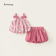 女童套装夏季新款甜美女孩碎花蝴蝶结吊带上衣花苞短裤夏装两件套