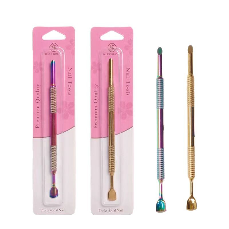 Nuevo producto transfronterizo manicura biselado de doble cabeza empujador de acero inoxidable grande, herramienta de descorazonador de piel muerta de boca curva redonda de acero inoxidable