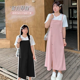 7920夏季新品加肥胖mm设计感背带裙假两件连衣裙撞色女装--BFD