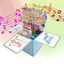 蓝色HAPPY BIRTHDAY吹蜡烛生日音乐立体盒贺卡带七彩闪灯生日祝福