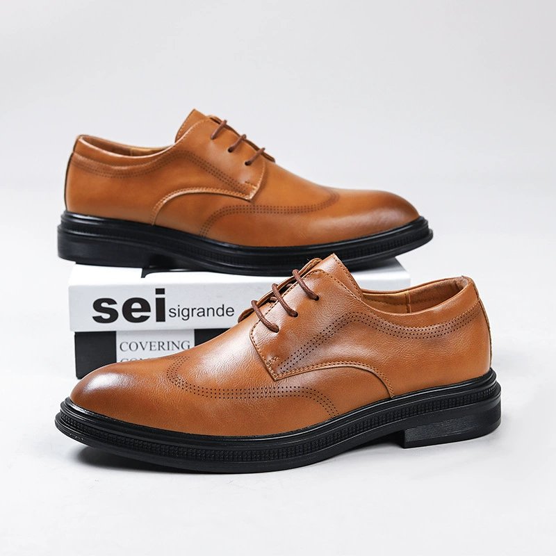 Повседневная кожаная обувь с желтым острым носком на шнуровке, резные официальные деловые мужские туфли, поколение живых кожаных туфель 1359-W
