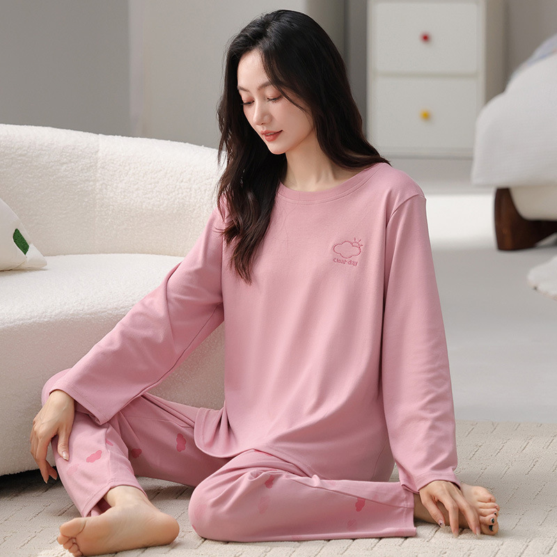 秋冬季女士睡衣棉质长袖长裤圆领套头卡通甜美可爱外穿家居服套装|undefined