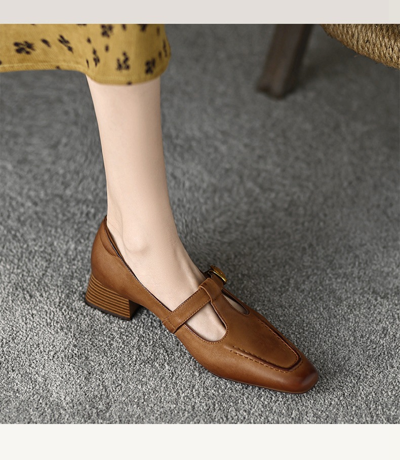 Giày Mary Jane nữ gót thô cổ điển kiểu Pháp, quai chữ T, da cừu lớp đầu — Màu nâu nhạt chi tiết 7