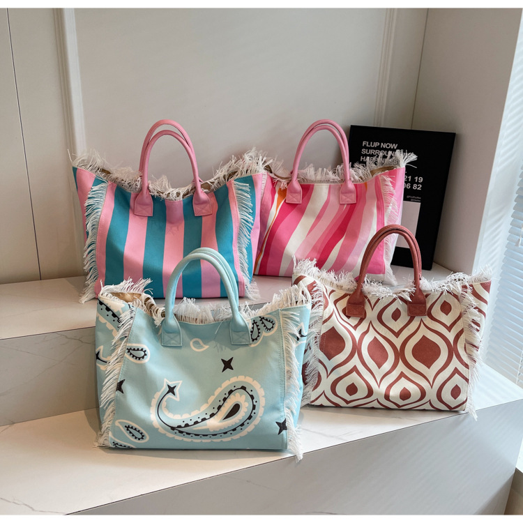 Bolsa de lona a rayas, bolsa de hombro de gran capacidad, bolsa de moda, bolsa de bolsa casual, bolsa de compras para damas