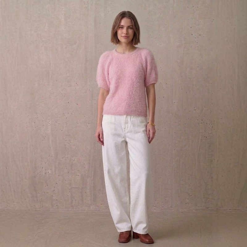 26Th Autumn and Winter New Style 5% Cashmere 5% Mulberry Silk Wool Brushed Short-Sleeve Pullover with Puff Sleeves