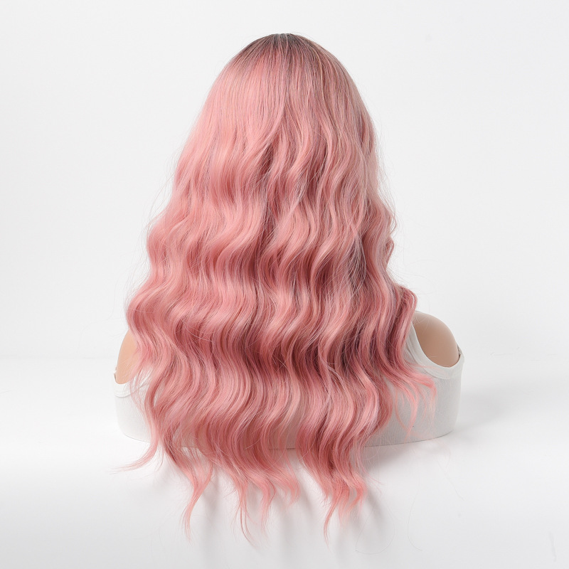 synthetic wig pink with dyed long curly hair on top wig women's full head cover_voghion.com