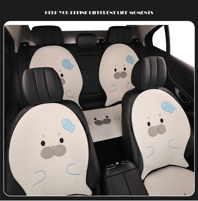Car Seat Cushion Made of Linen Material with Seal Pattern, Suitable for All Seasons, Available as a Single Piece or a Three-Piece Set, with Optional Car Ventilation Cushion